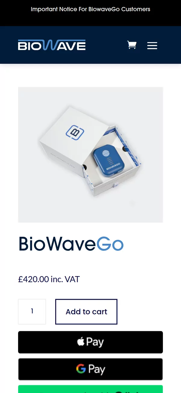 The BioWaveGO product page on a phone