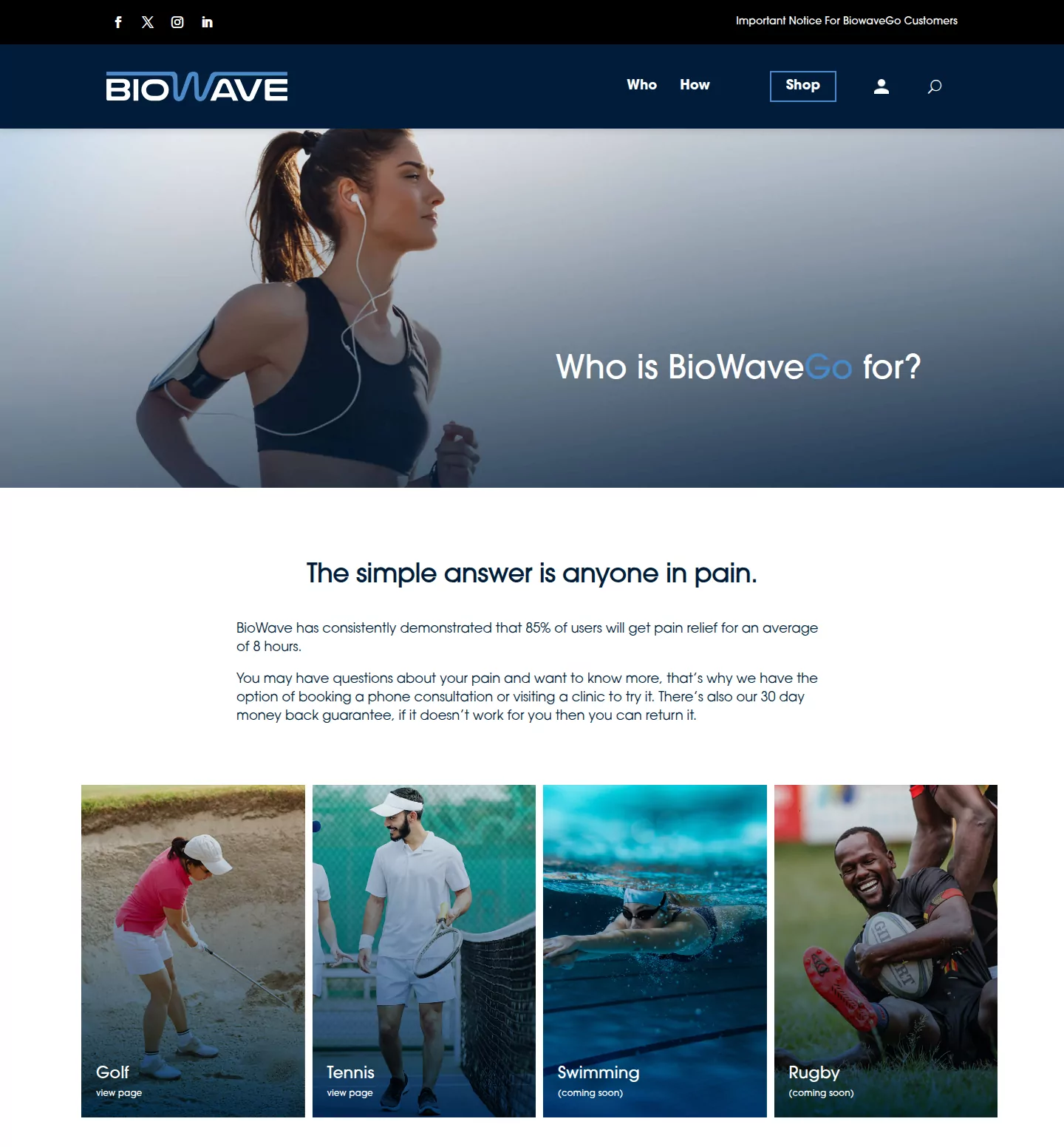 The “Who is BioWaveGO for?” page, with a runner