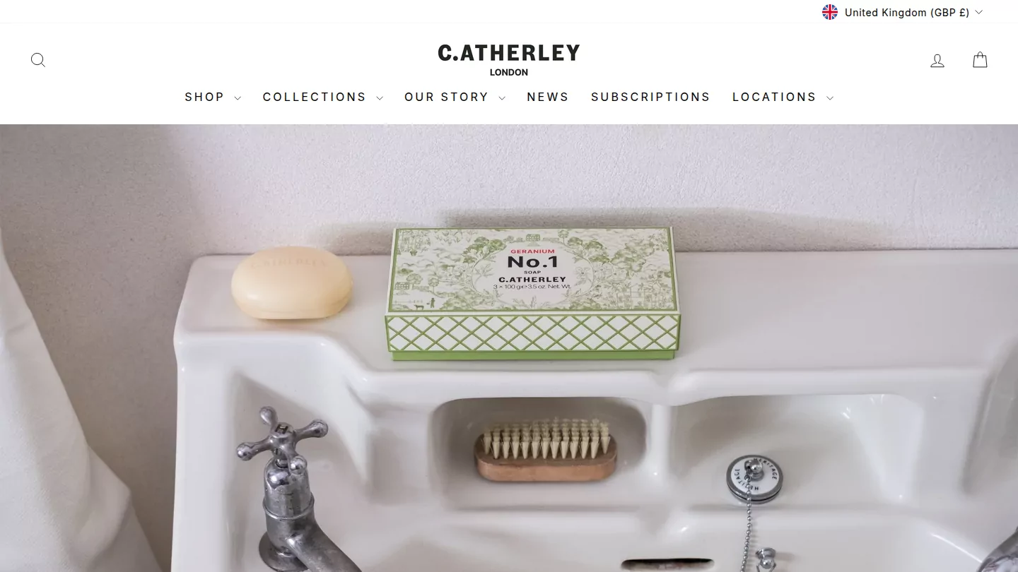 C.Atherley homepage: a No.1 soap box and brush on a white basin