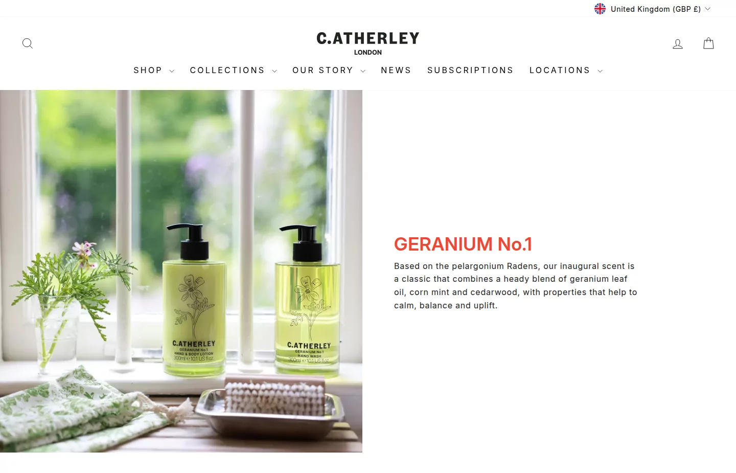 The Geranium No.1 collection page with two bottles on a windowsill
