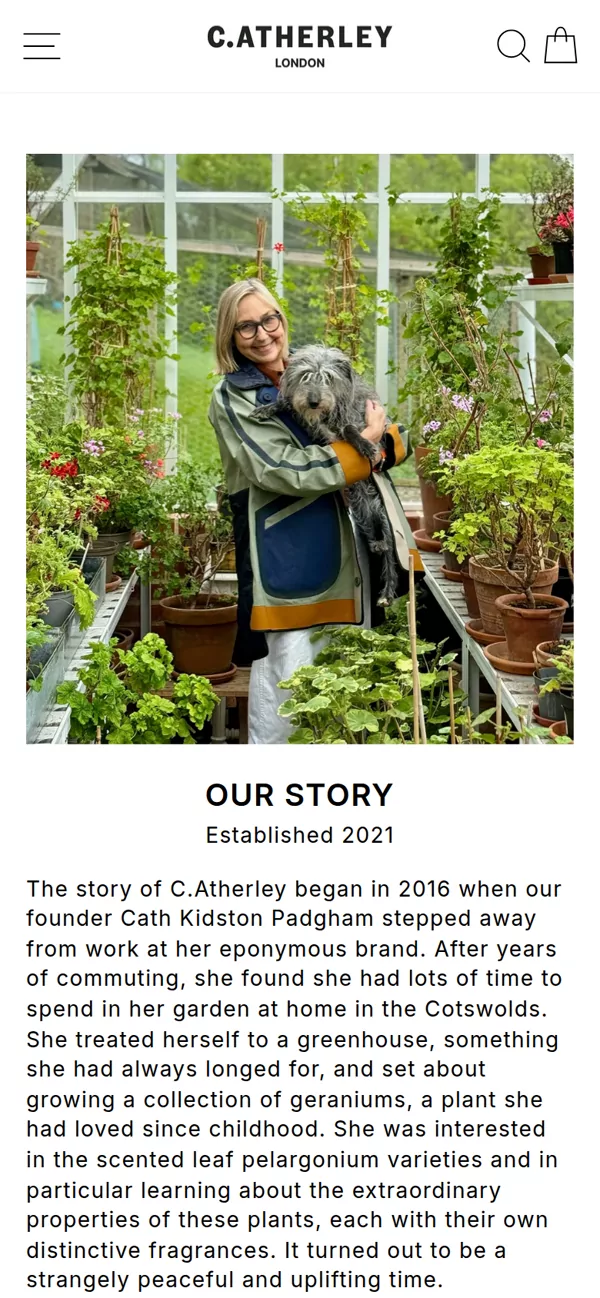 C.Atherley Our Story page on a phone