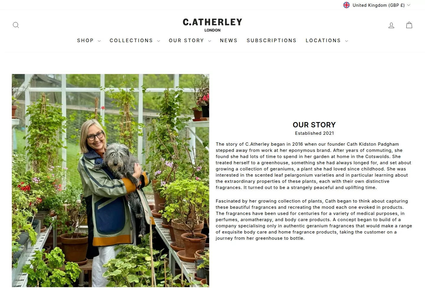 Our Story page: the founder holding her dog in the greenhouse