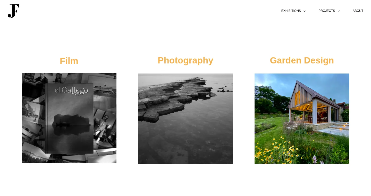 Projects page linking to film, photography and garden design