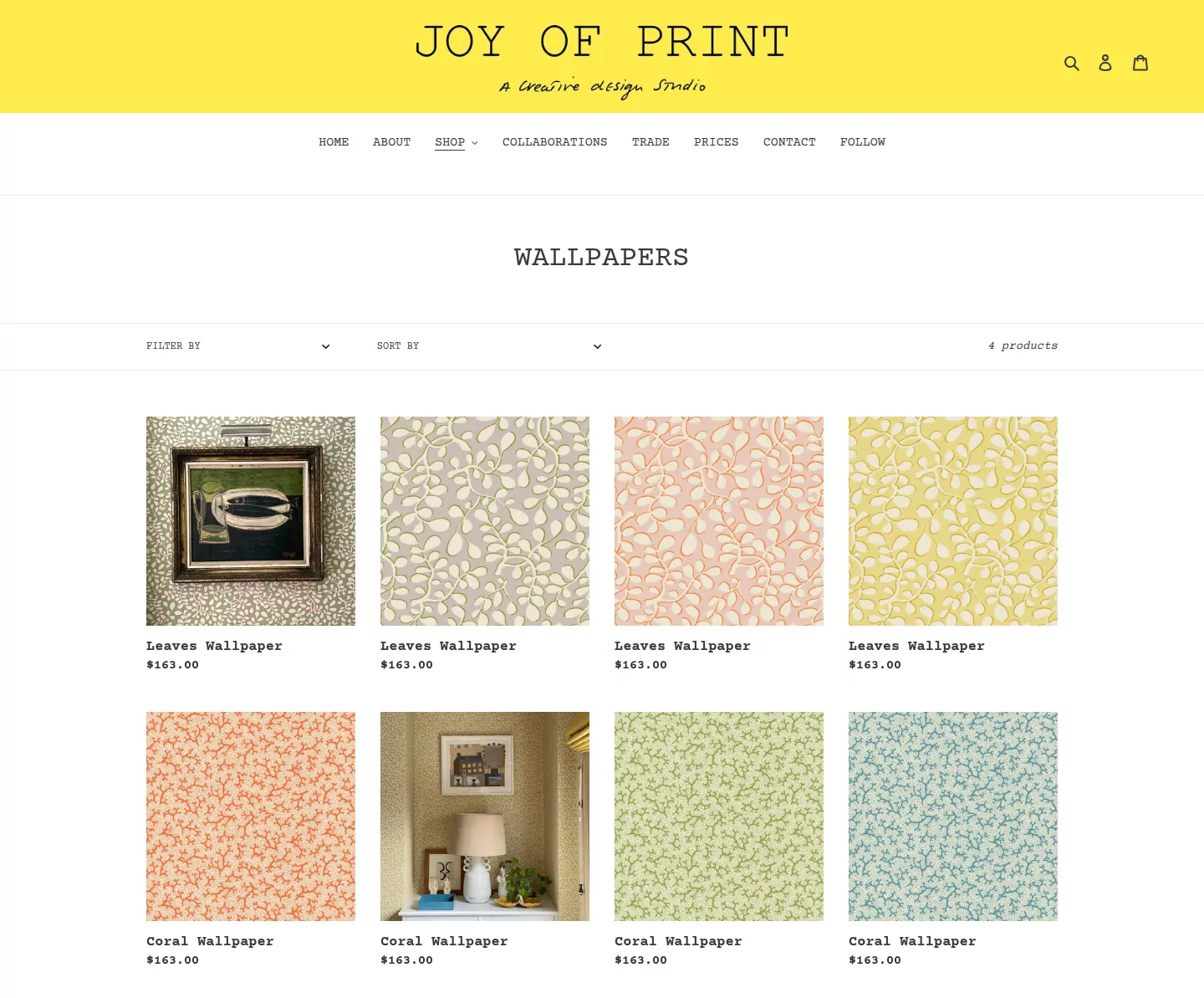 The wallpapers collection: the Leaves, Coral, Tapestry and Carnation prints in several colourways